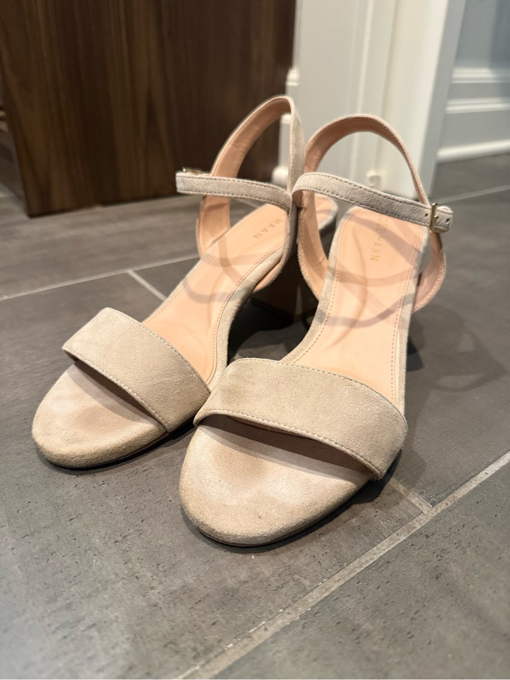 Cole Haan Beige Suede Block Heel Sandals